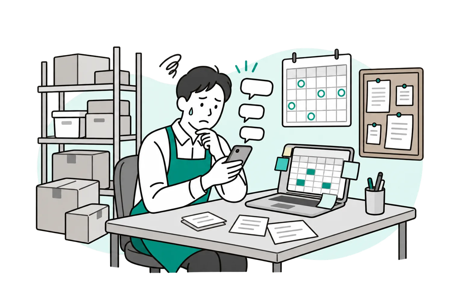 バックヤードの机で、スマートフォンのメッセージや紙の希望メモに追われる店長のイラスト