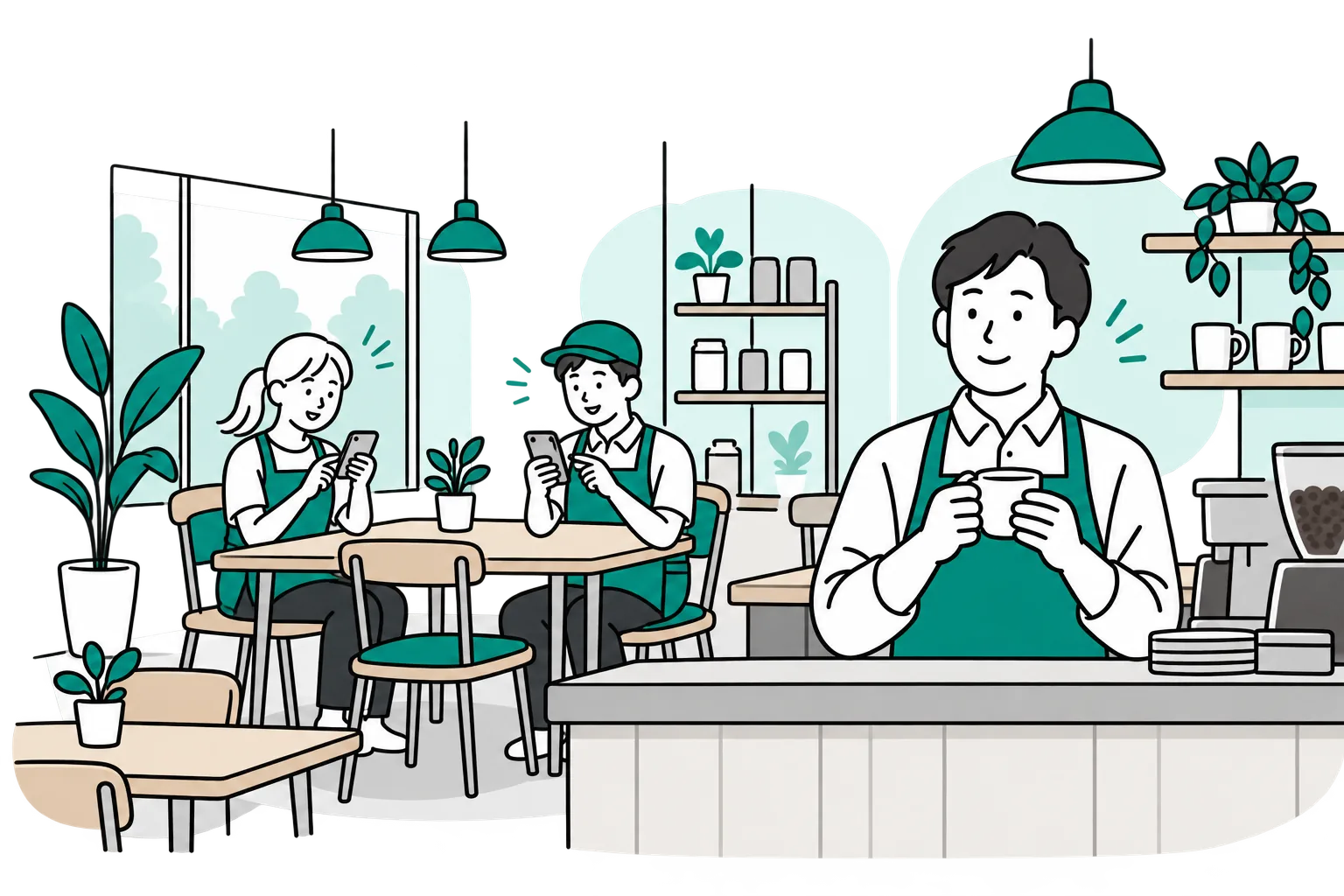 営業前の店内で、店長がコーヒーを飲み、スタッフがスマートフォンでシフトを確認しているイラスト