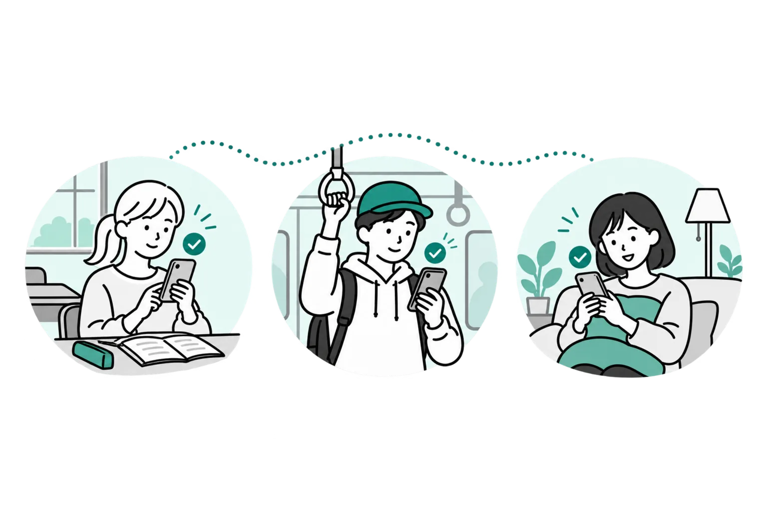 教室、電車、自宅にいる3人のスタッフが、それぞれスマートフォンで確定シフトのお知らせを見るイラスト